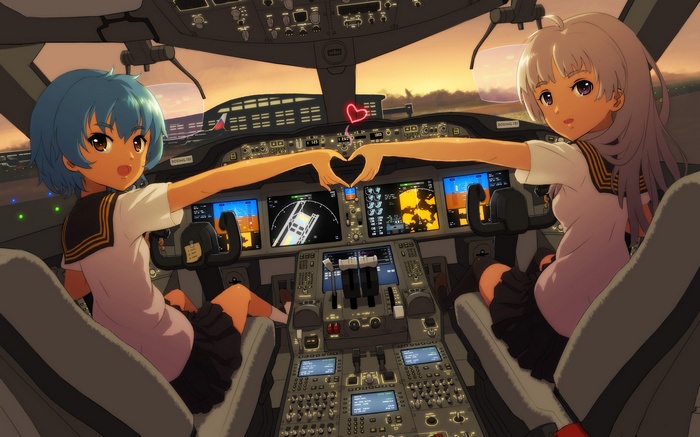 Anime girls in a cockpit making a heart shape