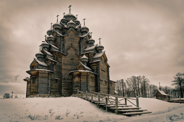 Wooden church in Russia during winter