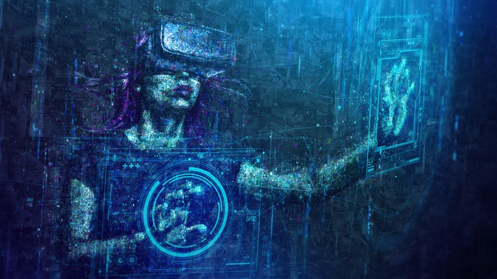 Woman in VR headset interacting with digital interfaces