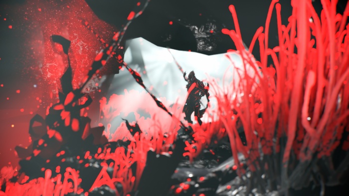 Nidus from Warframe in a red and black environment
