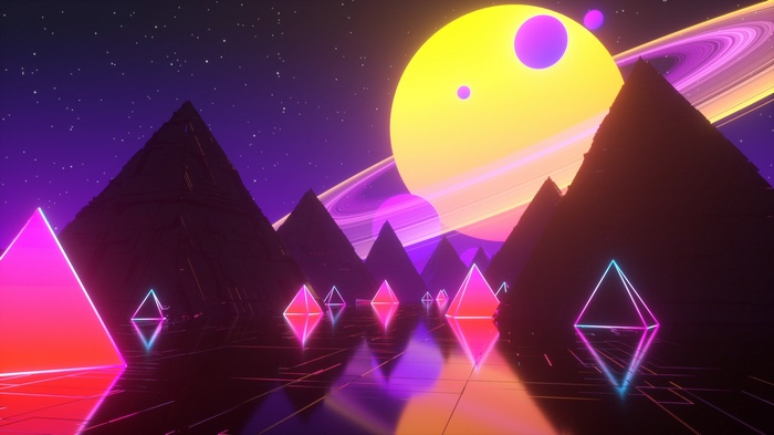 Neon pyramids and planets in space