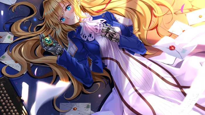 Violet Evergarden with mechanical arm and letters