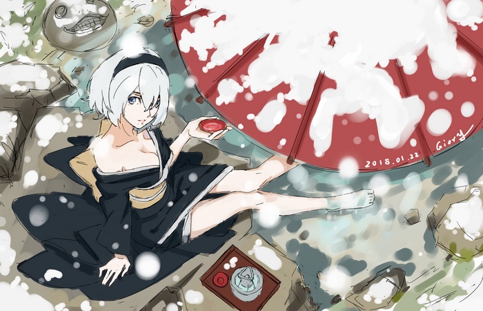 2B from Nier: Automata with a red umbrella