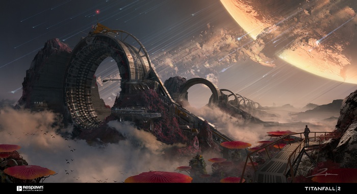 Futuristic structures on an alien planet with a large planet in the sky