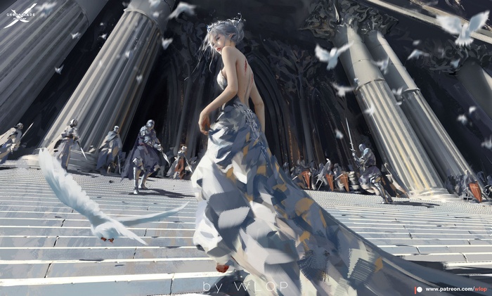 Woman in a flowing dress with white hair and soldiers