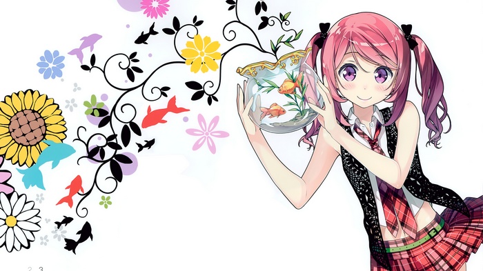 Anime girl with pink twintails holding a fishbowl