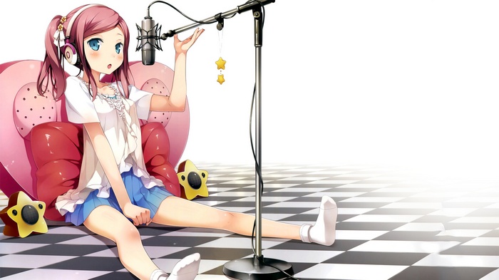 Anime girl with headphones singing into a microphone