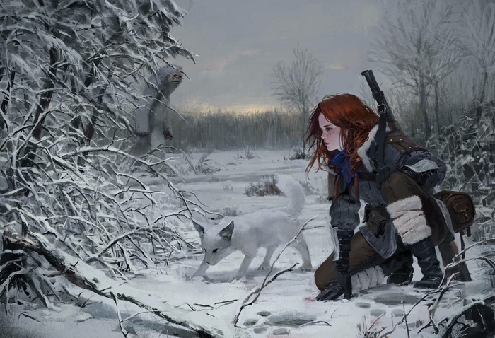 Redhead woman and arctic fox in snowy forest with creature