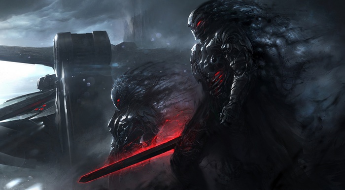 Two dark armored warriors with glowing red eyes and swords