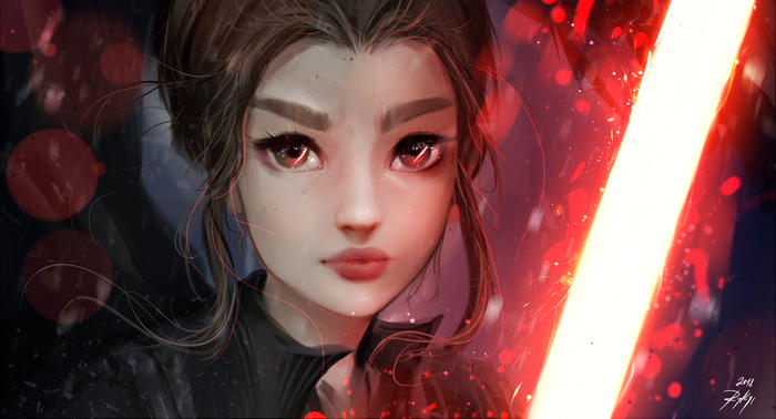 Rey from Star Wars with a red lightsaber