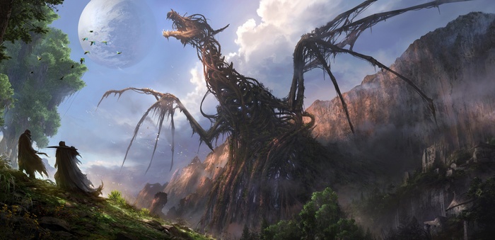 Fantasy art of a skeletal dragon overgrown with vines