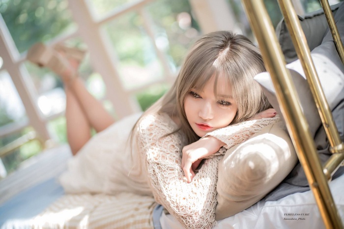 legs crossed, long hair, model, sunlight, Asian, Han Ga Eun, lying on front, in bed, lying down