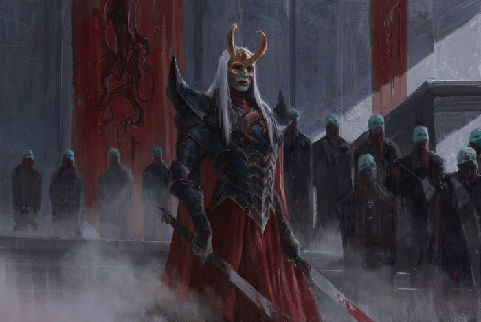 Dark fantasy artwork of a masked figure with white hair and a sword