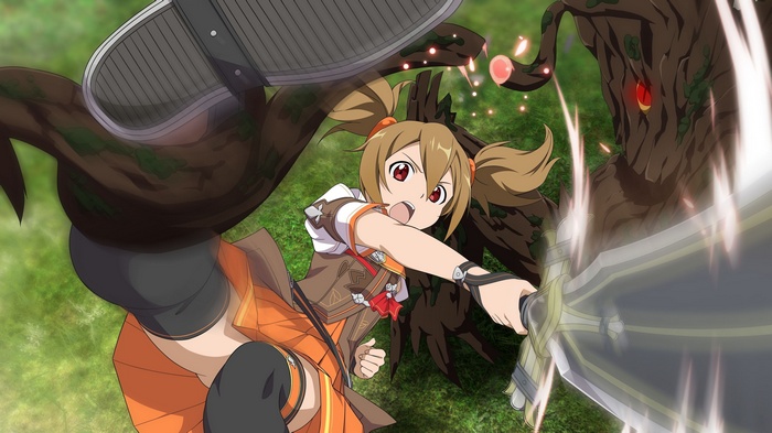 Silica from Sword Art Online fighting a tree monster