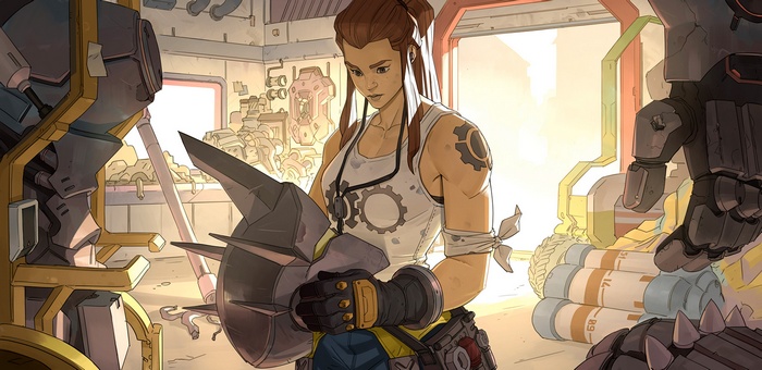 Brigitte from Overwatch in a workshop