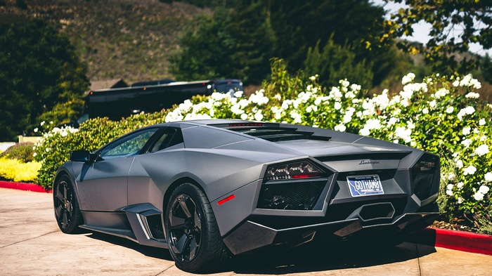 Matte gray Lamborghini Reventon with Gotham license plate