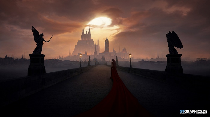 Fantasy bridge with statues and castle