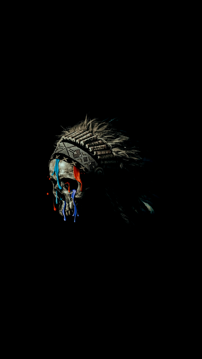 Skull with Native American Headdress and Dripping Paint