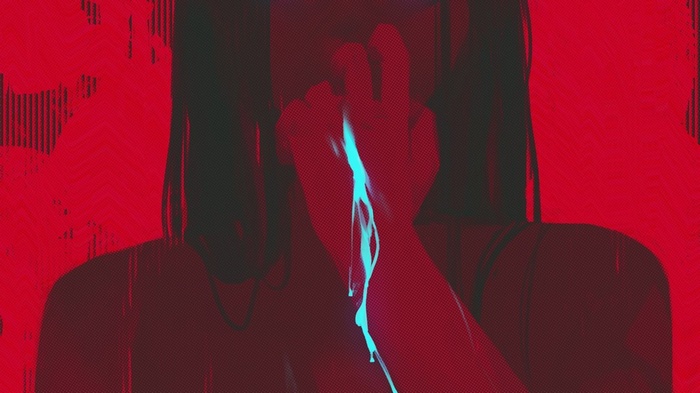 Woman with blue substance on her face