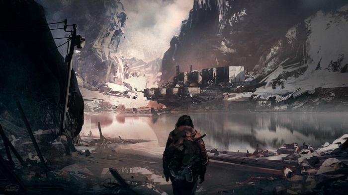 Apocalyptic landscape with a lone figure by a lake