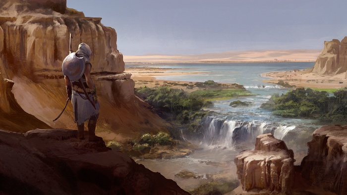 Bayek from Assassin's Creed: Origins overlooking a river