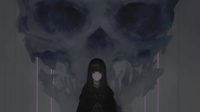 Hate-chan with a skull background by Aoi Ogata