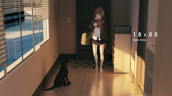 Anime girl with dog at home