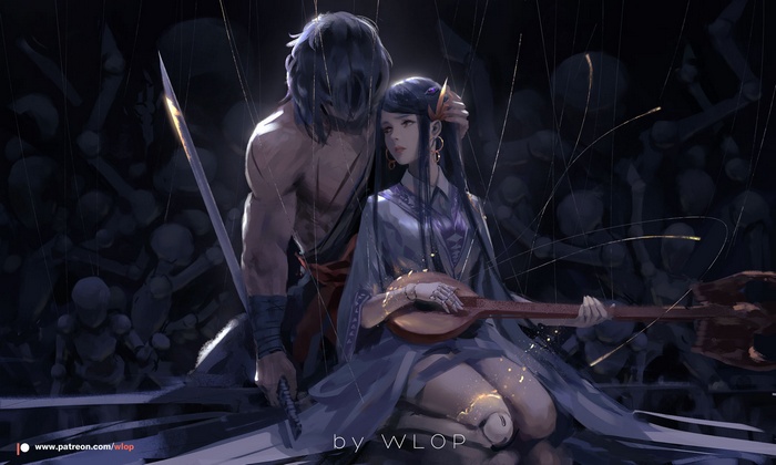 Woman playing lute with man holding sword, DNF