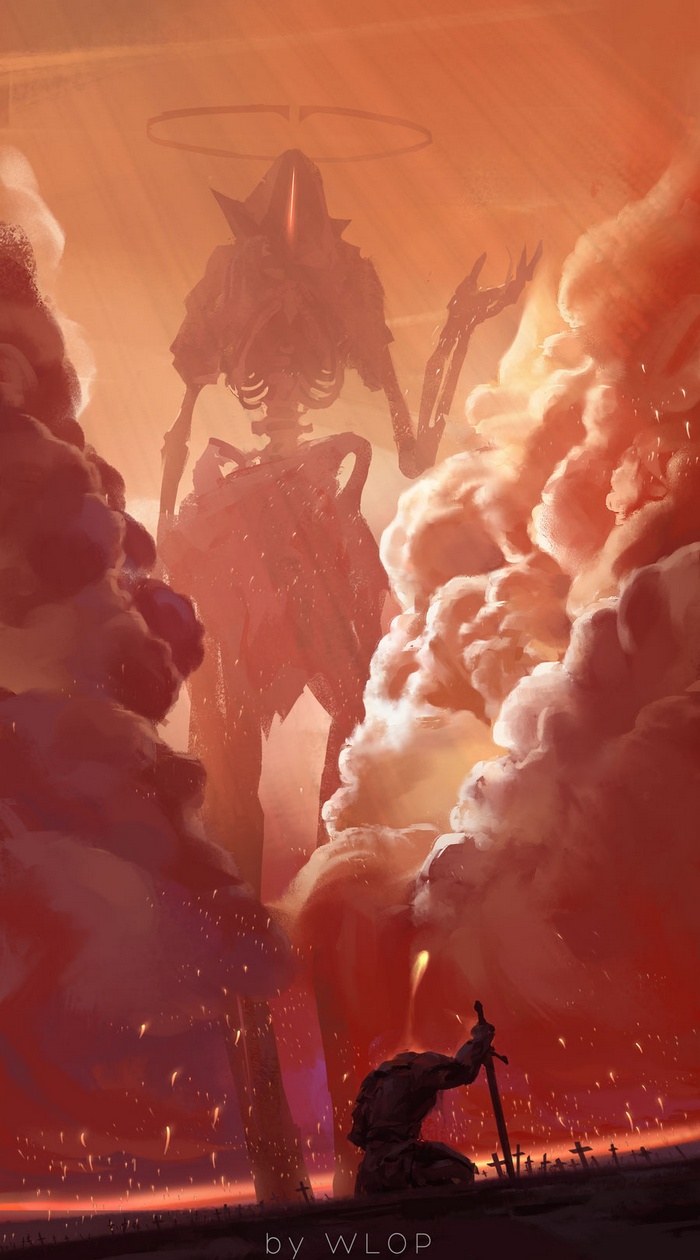 Giant skeletal figure and kneeling knight in a fiery landscape