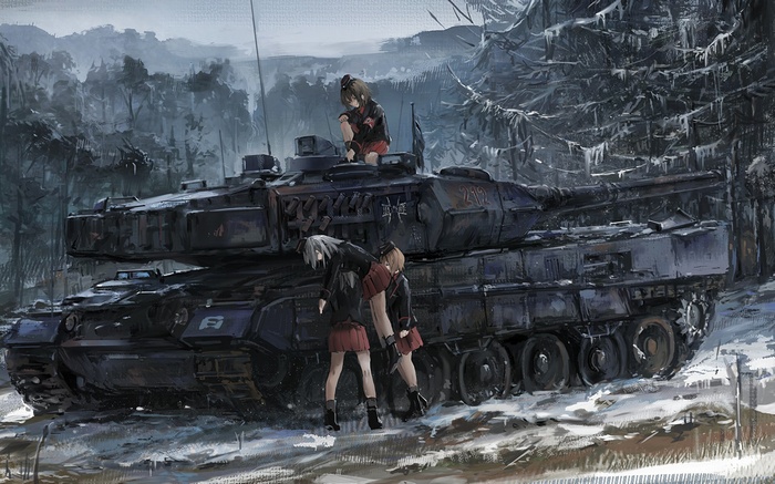 Girls und Panzer, Nishizumi Maho, tank, forest, Itsumi Erika, winter, artwork