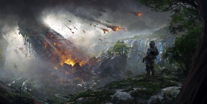 Soldier surveys crash site in Titanfall 2 artwork