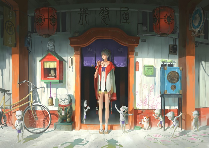 Girl in traditional Japanese attire with goblins