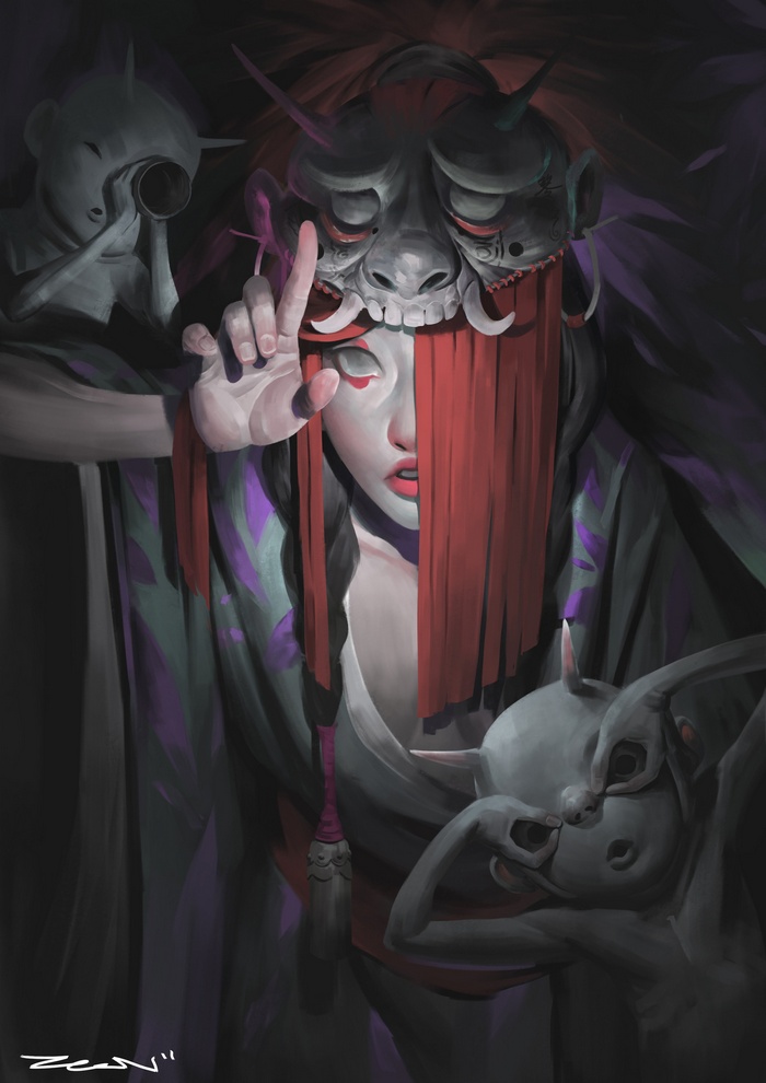 Woman in mask and traditional Japanese attire