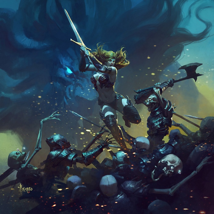 Warrior woman fighting skeletons with sword and axe