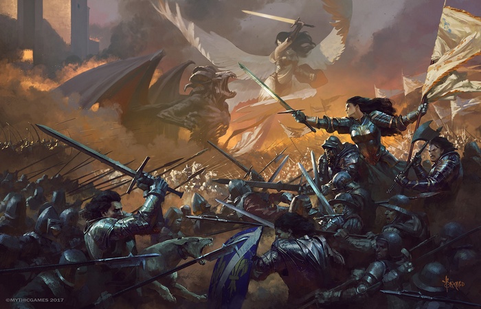 Battle between humans, a dragon, and an angel