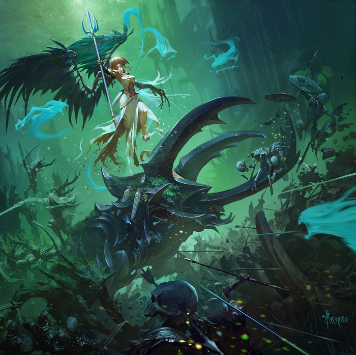 Woman with wings riding a beetle in battle
