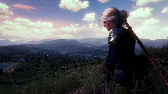 video games, The Witcher 3: Wild Hunt, sword, grass, mountains, The Witcher, white hair, Cirilla Fiona Elen Riannon