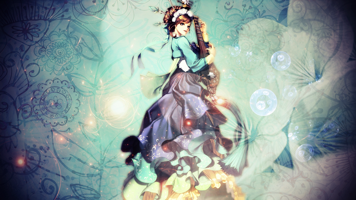 Anime girl playing a stringed instrument with floral background