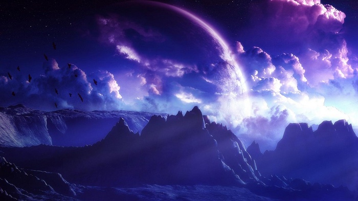 Alien planet with mountains and a large planet in the sky