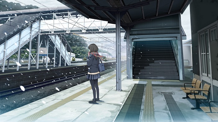Anime girl in school uniform at a snowy train station