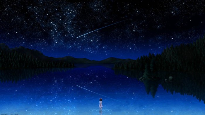 Anime girl watching shooting stars over a lake at night