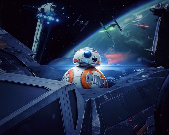 BB-8 in a spaceship cockpit with TIE Fighters and X-wings in space