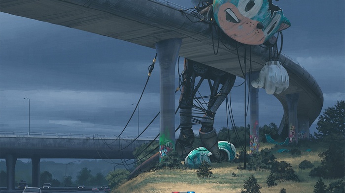 artwork, futuristic, highway, mascot, Simon Stålenhag, painting
