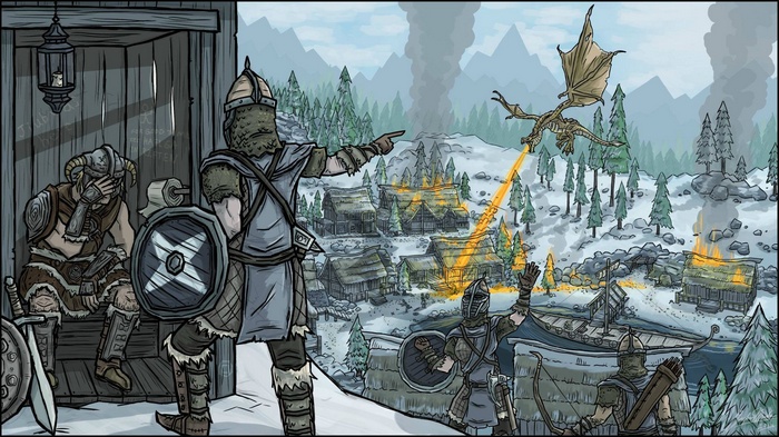 Dragon attacking a Skyrim village with soldiers