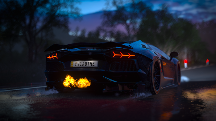 Black Lamborghini Aventador with flames from exhaust