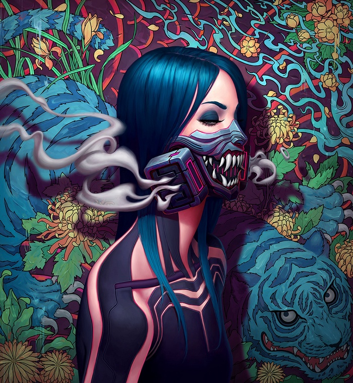 Woman with gas mask and tigers