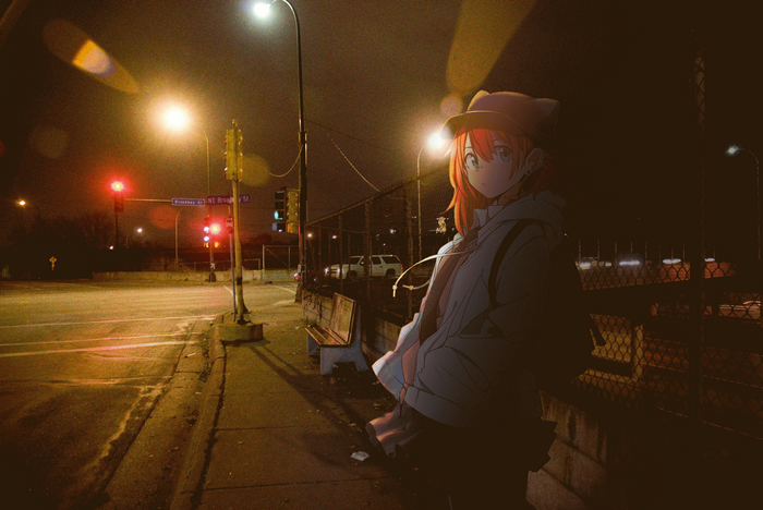 Anime girl at a bus station at night