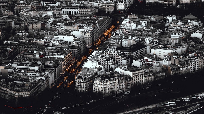 Aerial view of Paris cityscape with selective coloring