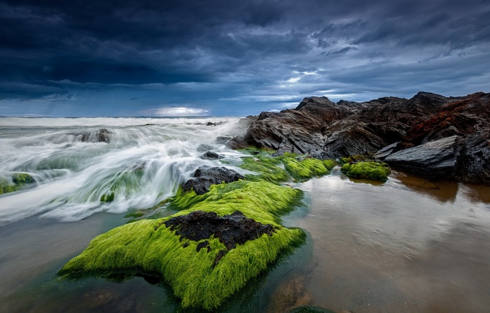 Waves crashing on moss-covered rocks under a stormy sky