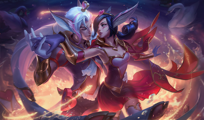Xayah and Rakan from League of Legends dancing